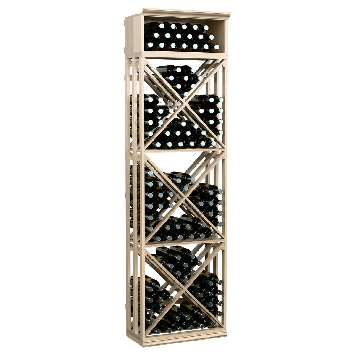 White-toned lattice wine storage rack with crisscross supports and bottle slots