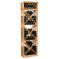 Natural wood lattice wine storage rack with X-braced shelves and wine bottle holes