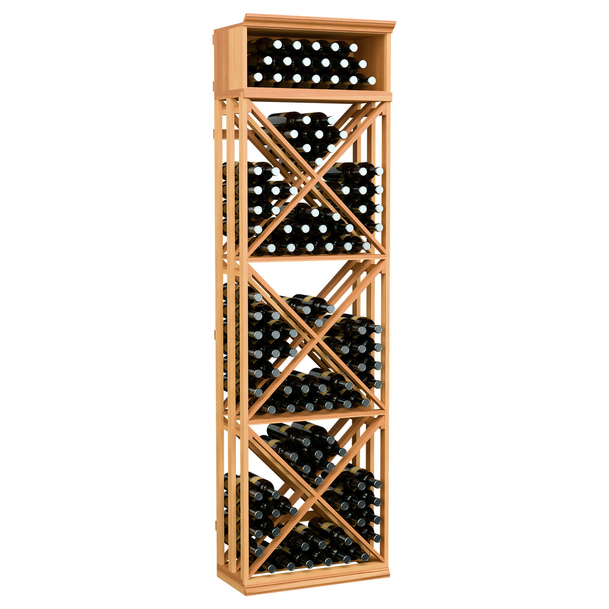 Natural wood lattice wine storage rack with X-braced shelves and wine bottle holes