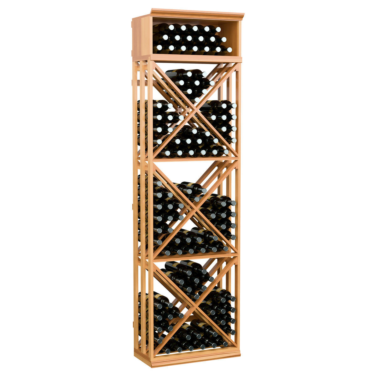 Warm-toned wood lattice wine storage rack with diagonal X supports for bottles