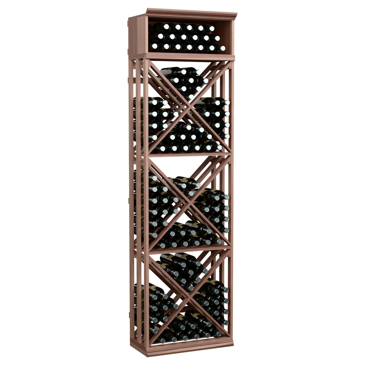 Dark brown lattice wine storage rack with crisscross shelf supports for bottles