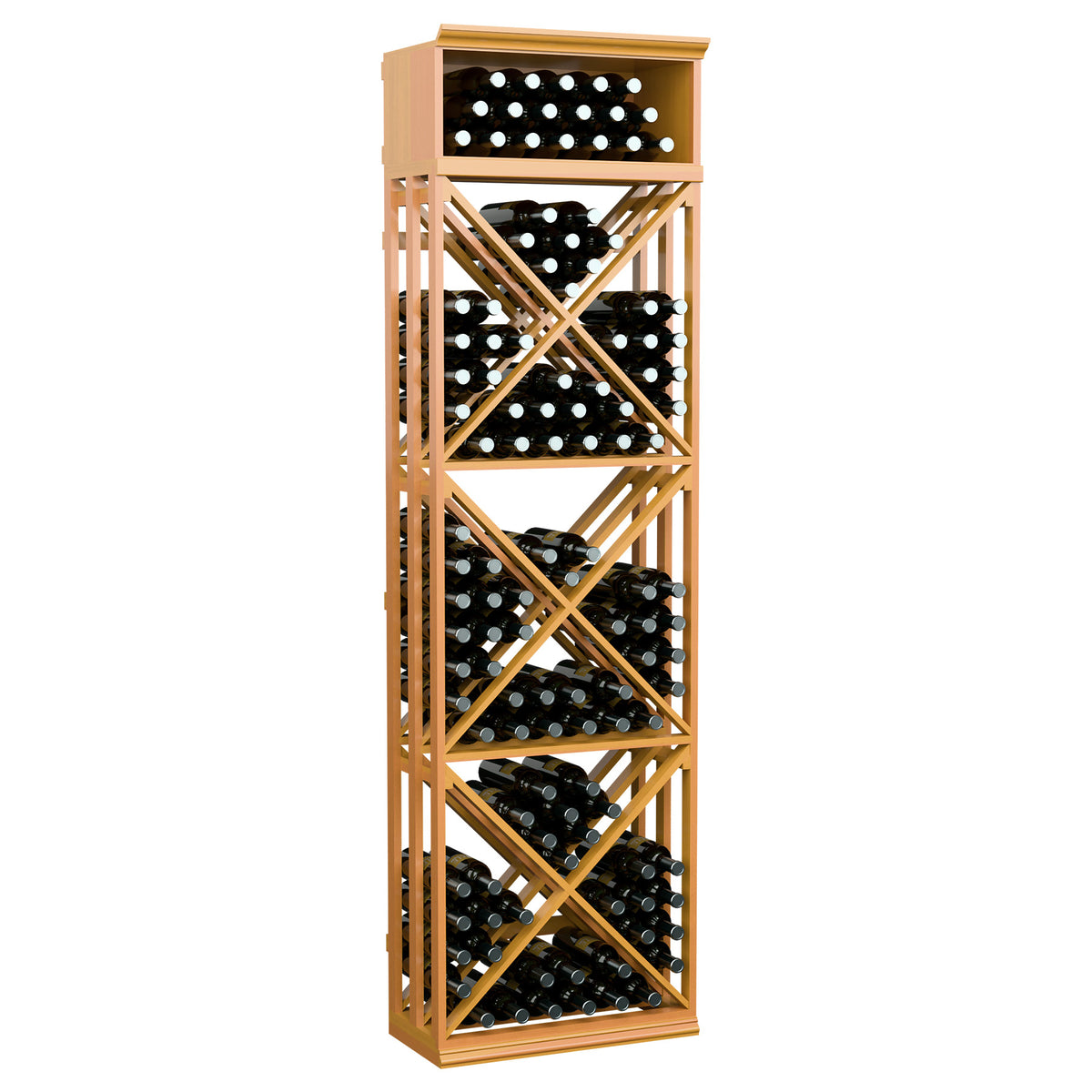 Light honey-toned lattice wine storage rack with crisscross shelves for bottles