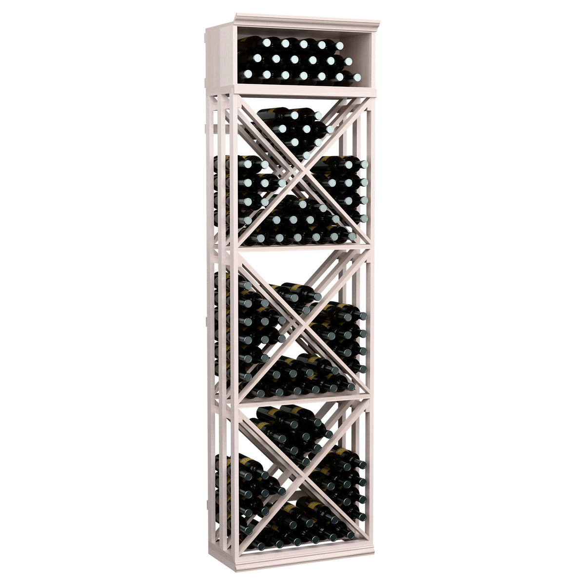 Light grey lattice wine storage rack with X-braced shelves and bottle storage openings