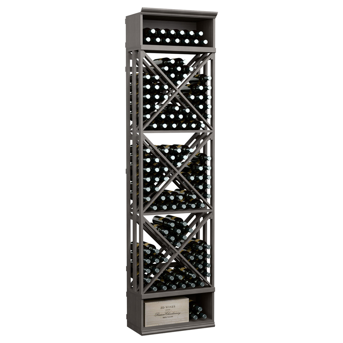 8-ft lattice wine storage rack with X-pattern dividers and bottle slots, dark gray finish