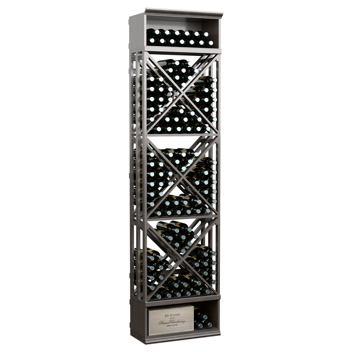 8-ft lattice wine storage rack with X-pattern dividers and bottle slots, medium gray finish