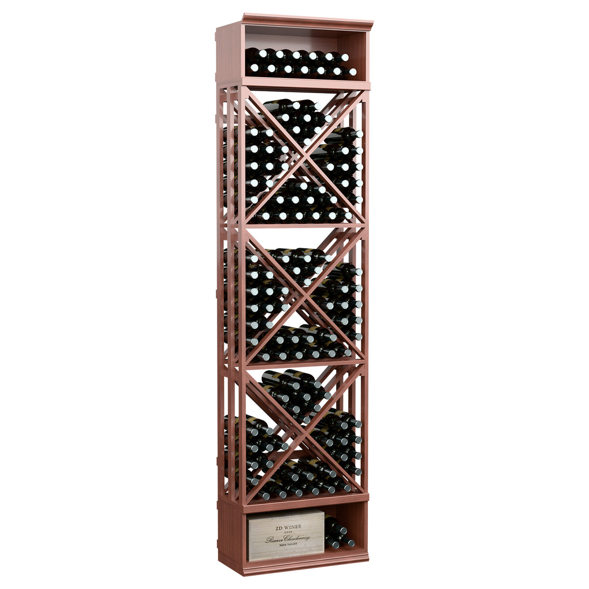 8-ft lattice wine storage rack with X-pattern dividers and bottle slots, deep reddish finish