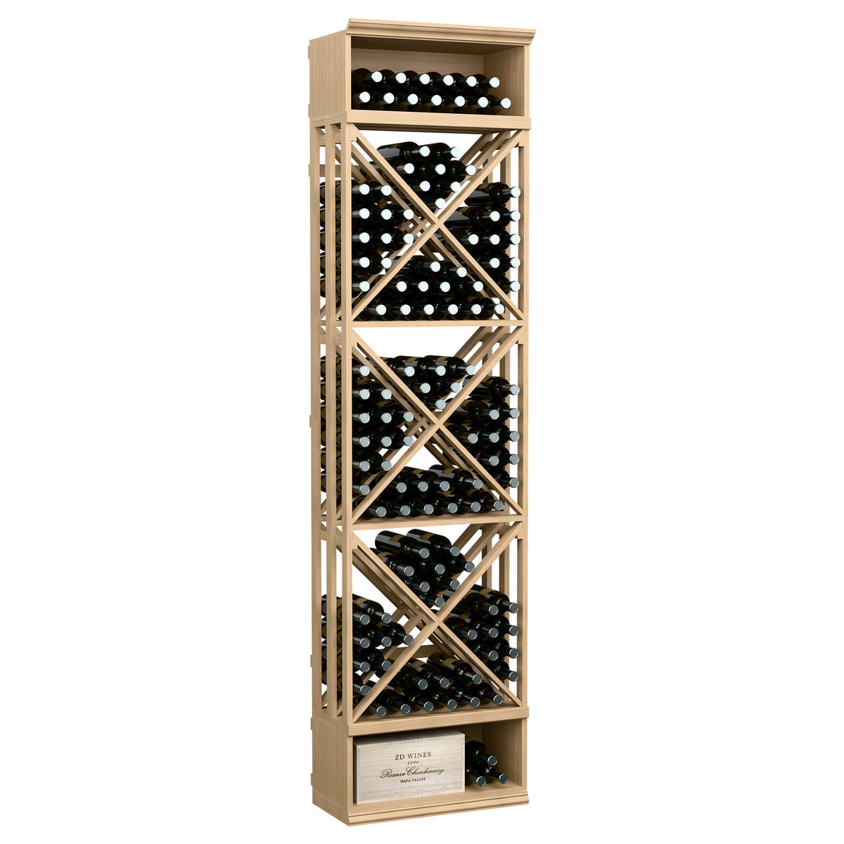 8-ft lattice wine storage rack with X-pattern dividers and bottle slots, light natural finish