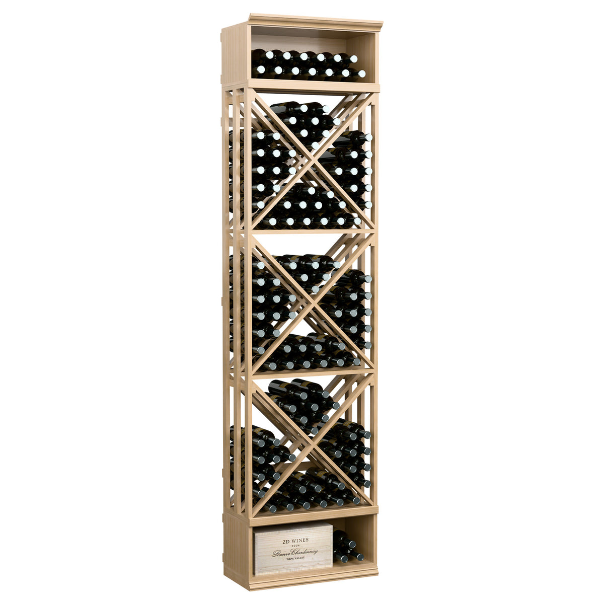 8-ft lattice wine storage rack with X-pattern dividers and bottle slots, pale natural finish