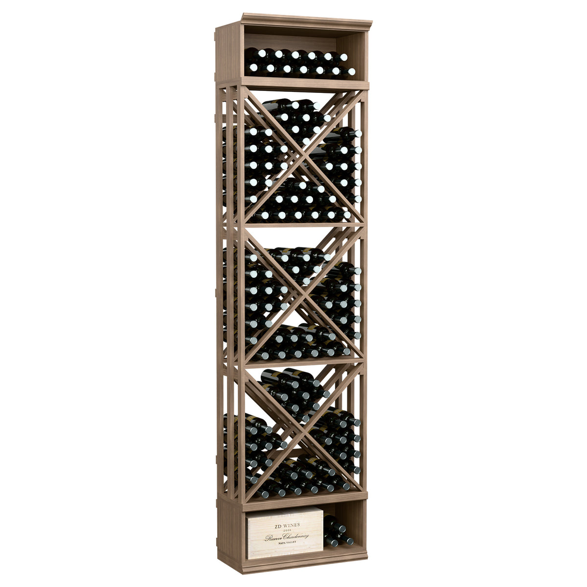 8-ft lattice wine storage rack with X-pattern dividers and bottle slots, warm medium-brown finish