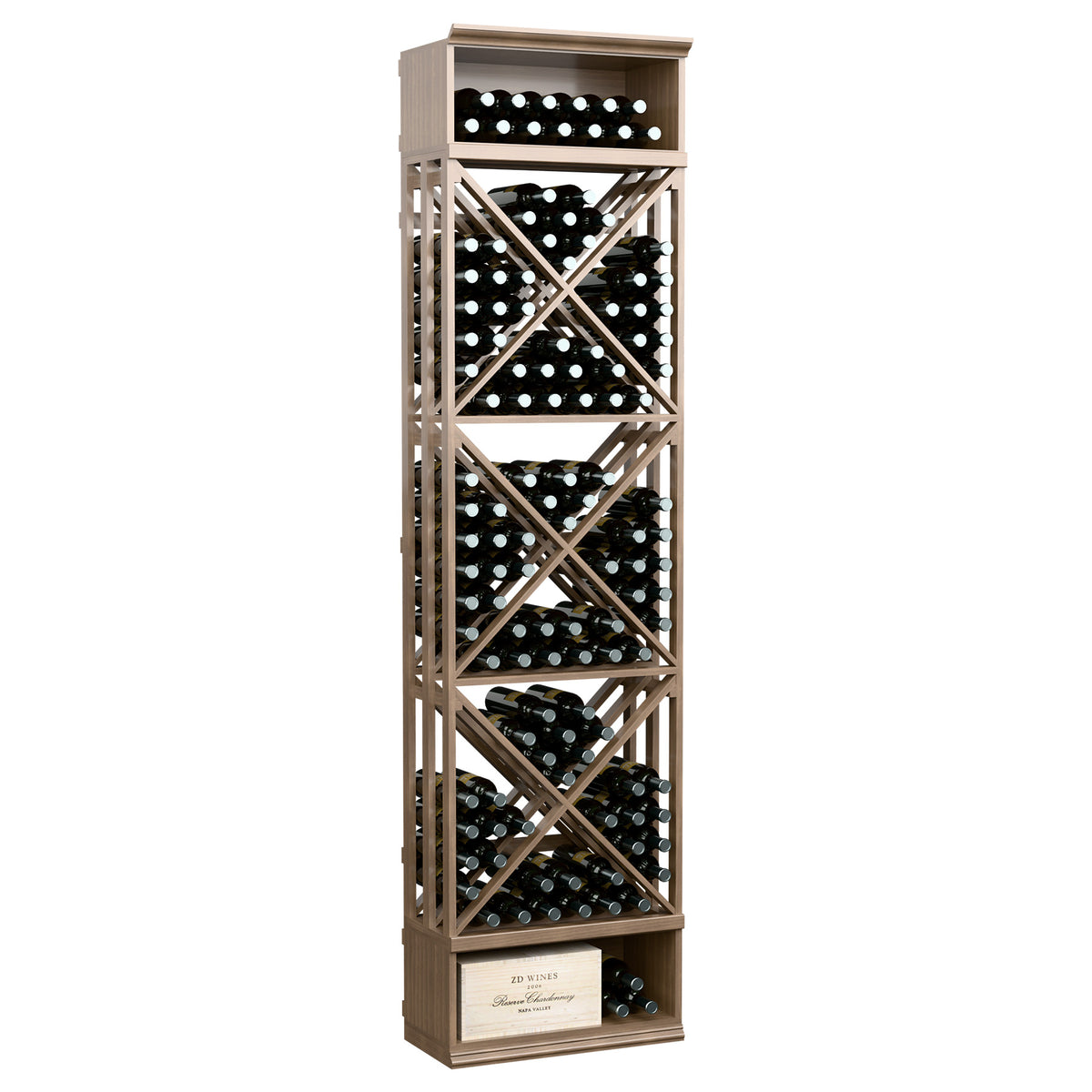 8-ft lattice wine storage rack with X-pattern dividers and bottle slots, deep walnut finish