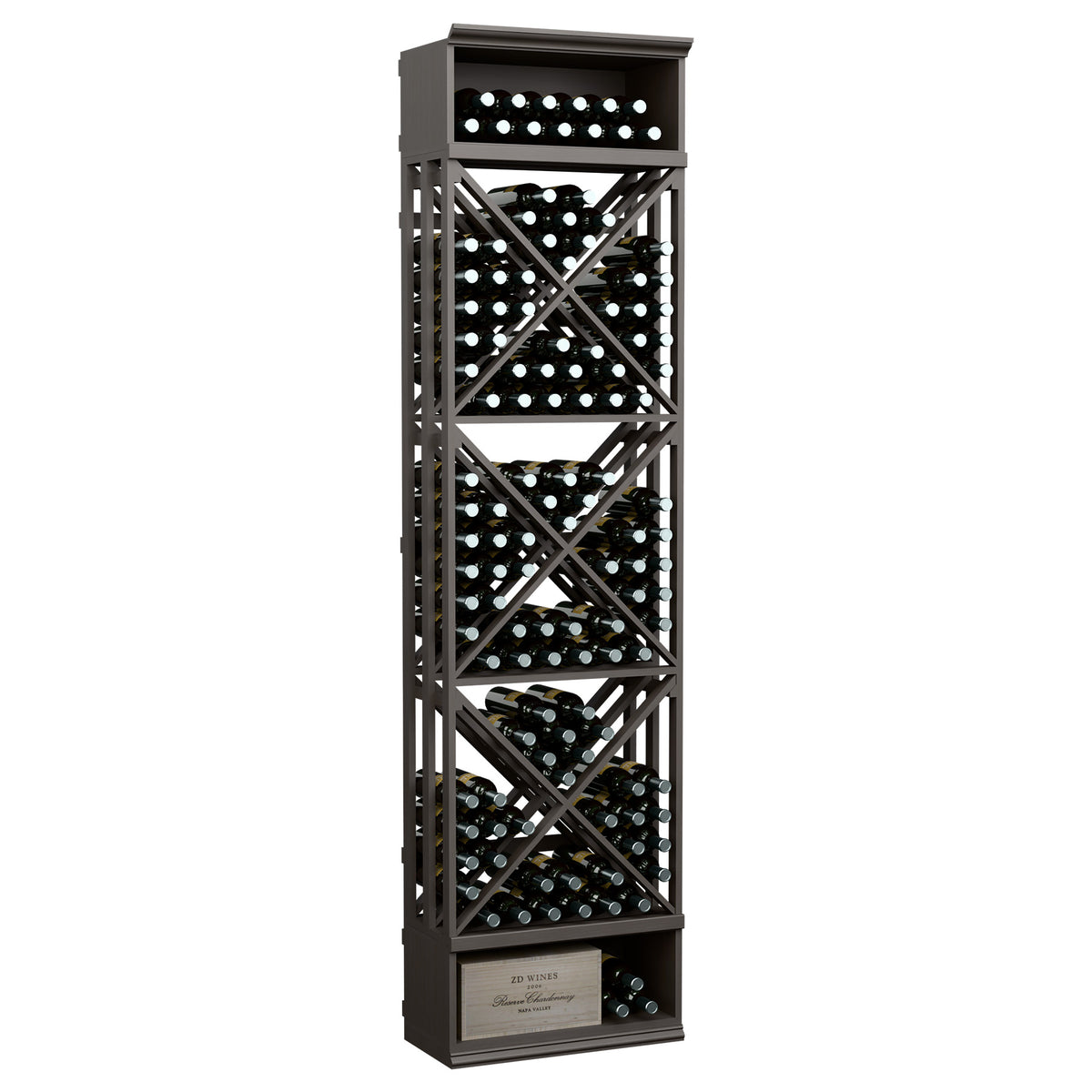8-ft lattice wine storage rack with X-pattern dividers and bottle slots, espresso-black finish