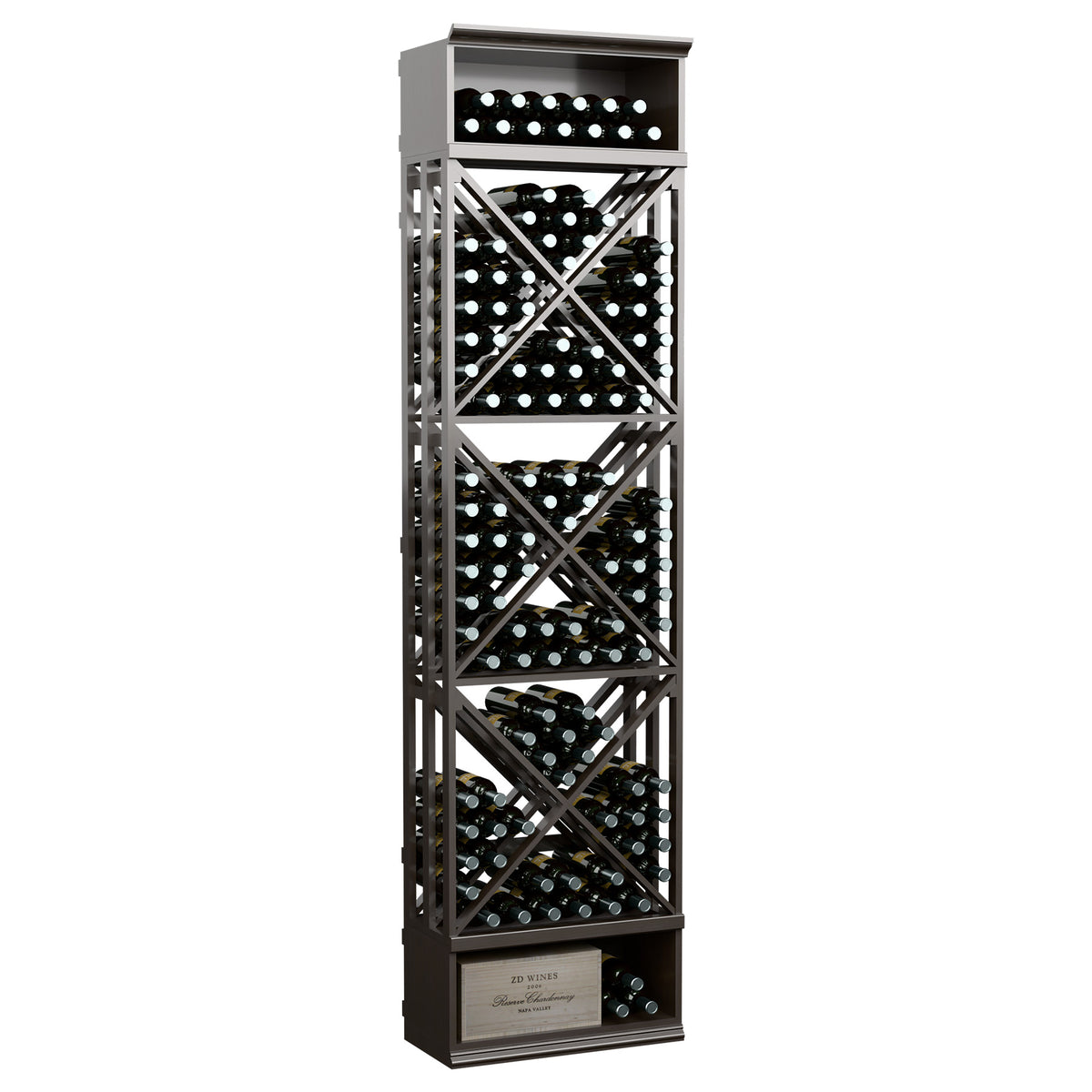 8-ft lattice wine storage rack with X-pattern dividers and bottle slots, dark gray finish