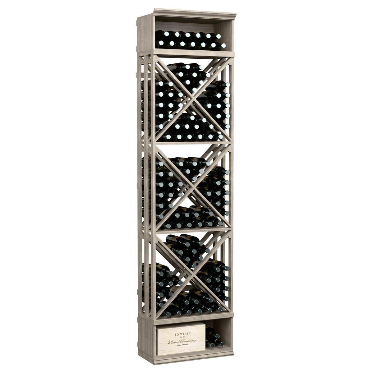 Whitewashed lattice wine rack with X-braced bottle storage cubbies