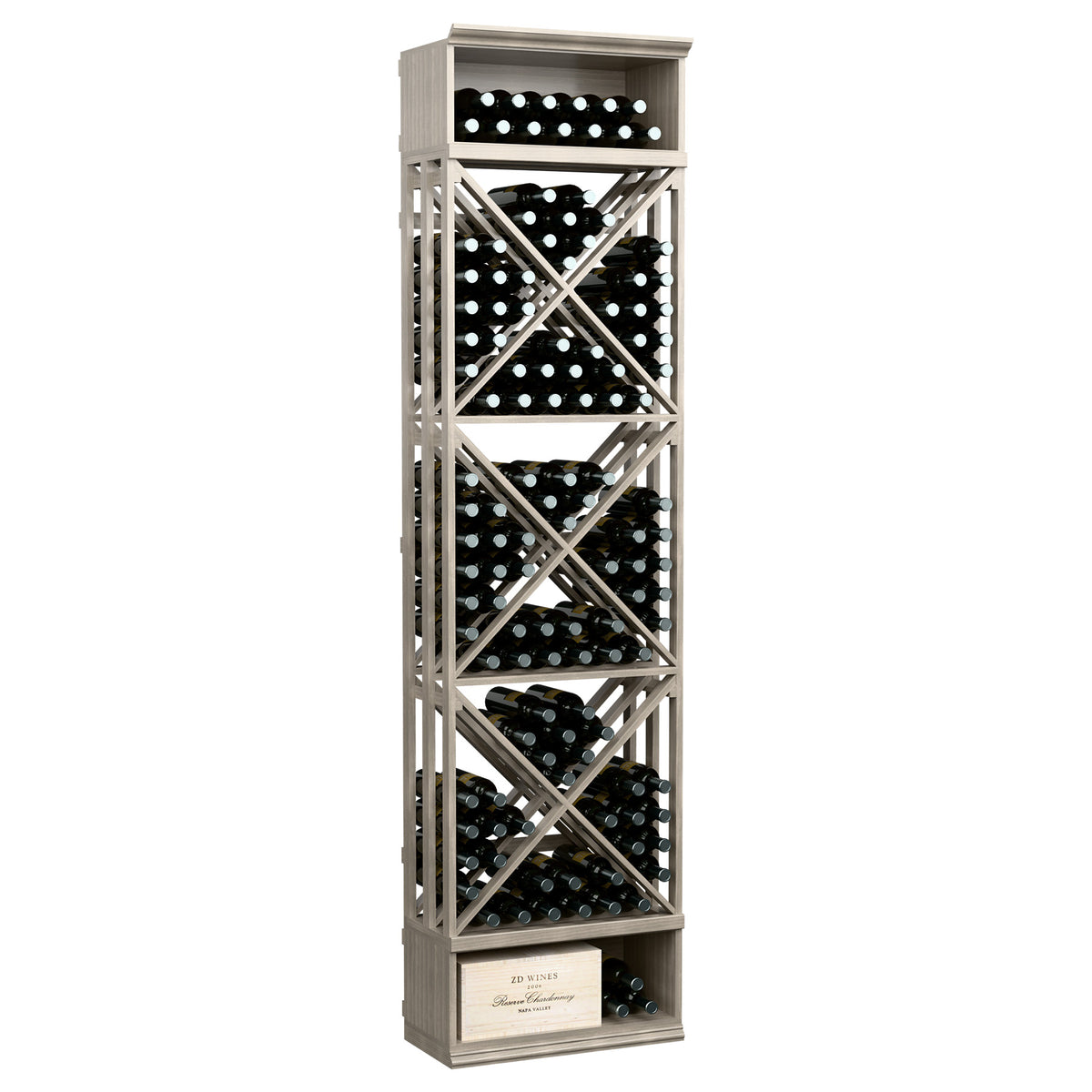 Gray lattice wine rack with X-braced bottle storage cubbies