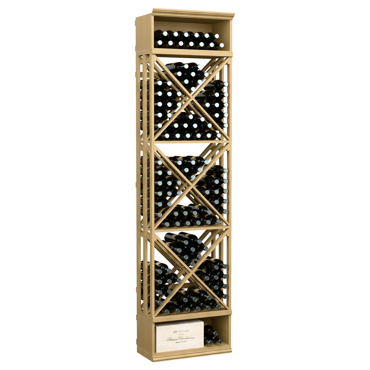 Light wood lattice wine rack with X-braced bottle storage cubbies