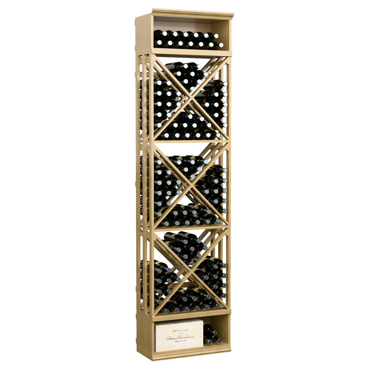 Light tan lattice wine rack with X-braced bottle storage cubbies