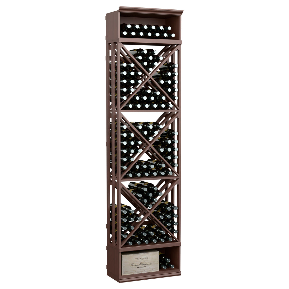 Dark brown lattice wine rack with X-braced bottle storage cubbies