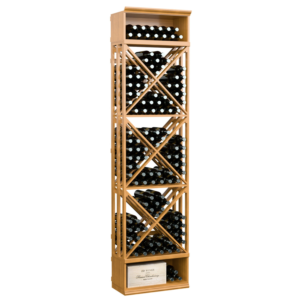 Wheat-toned wood lattice wine rack with X-braced bottle storage cubbies