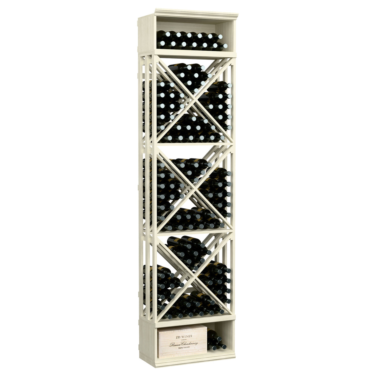 Off-white lattice wine rack with X-braced bottle storage cubbies