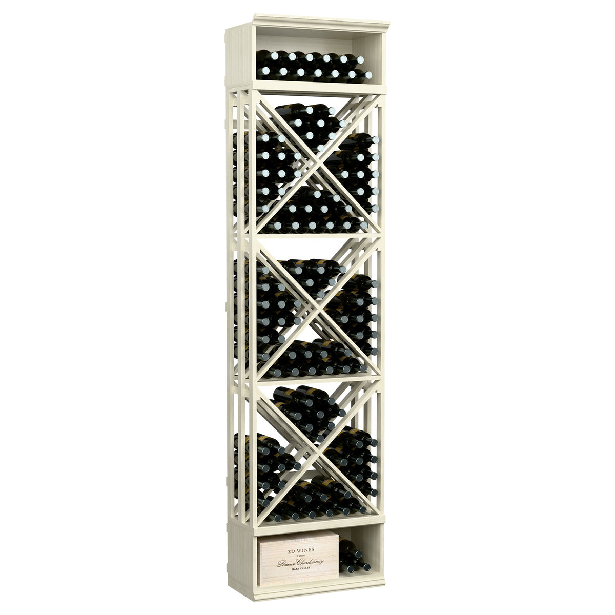 Light off-white lattice wine rack with X-braced bottle storage cubbies
