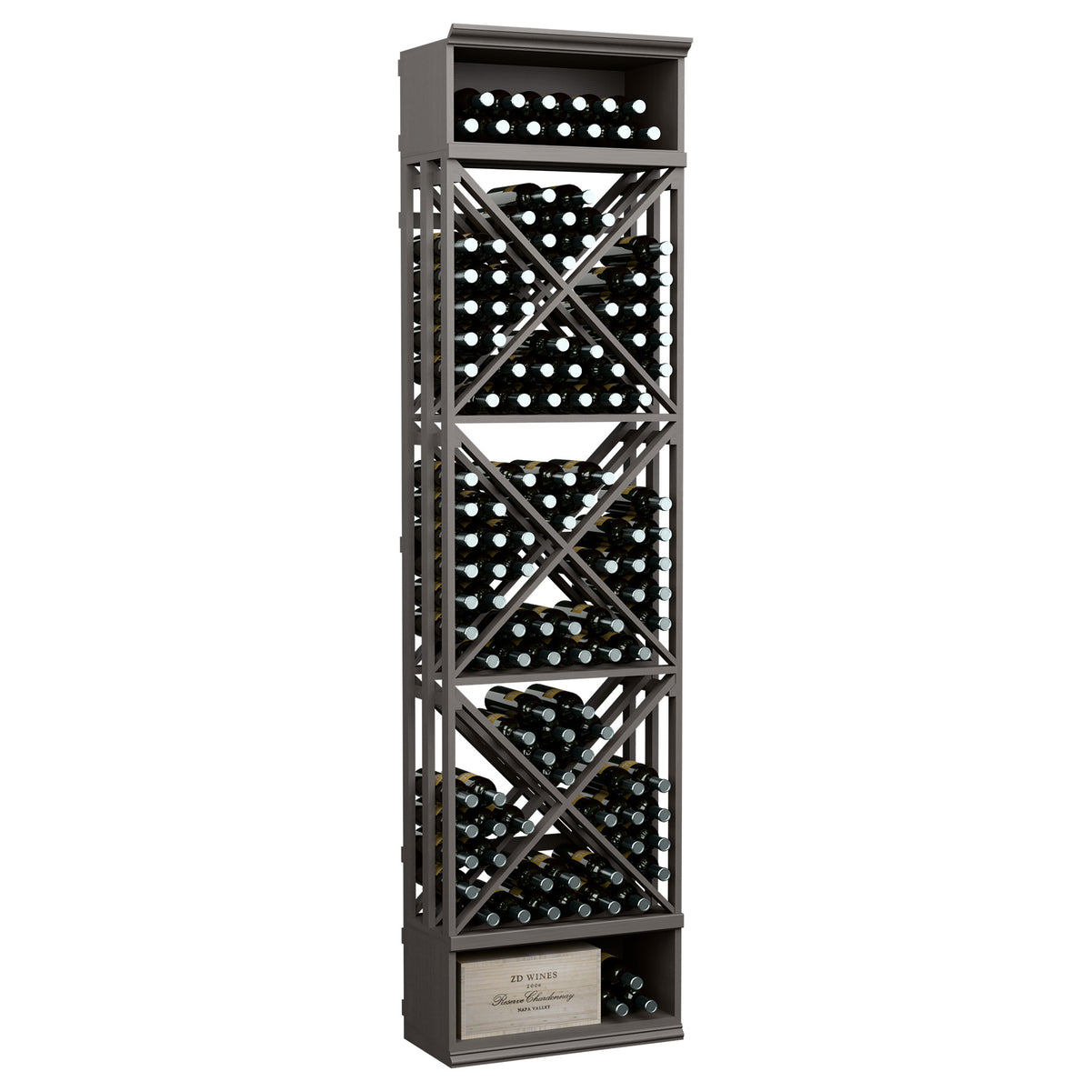 Dark grey wine bottle storage rack with X-lattice cubbies, top row, and bottom cabinet