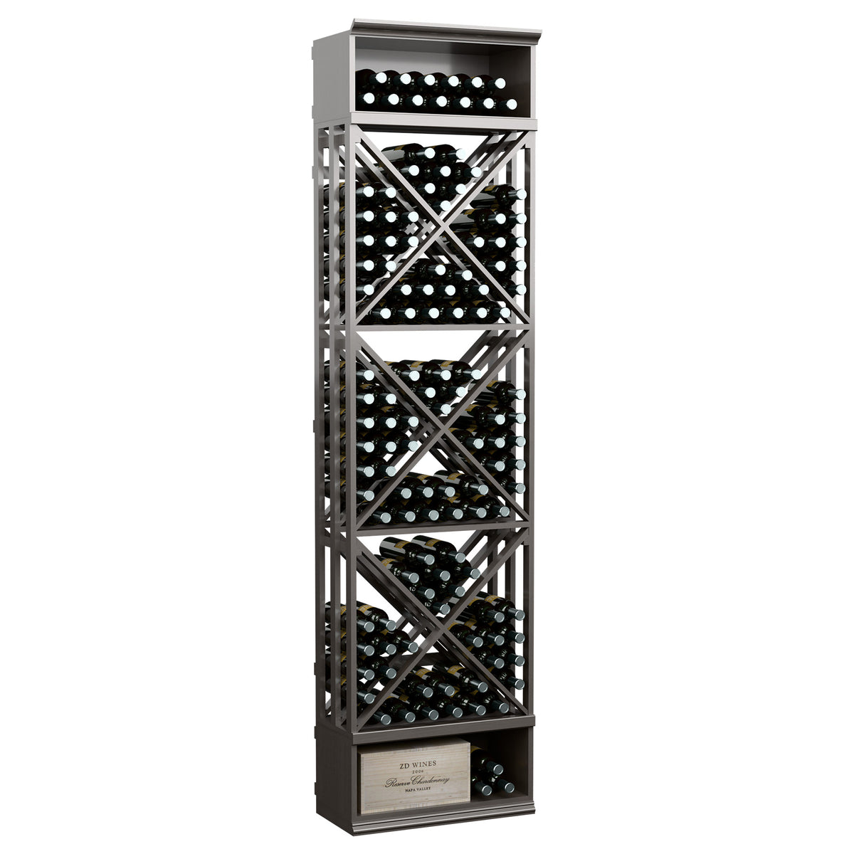 Charcoal wine bottle storage rack with X-lattice cubbies, top row, and bottom cabinet