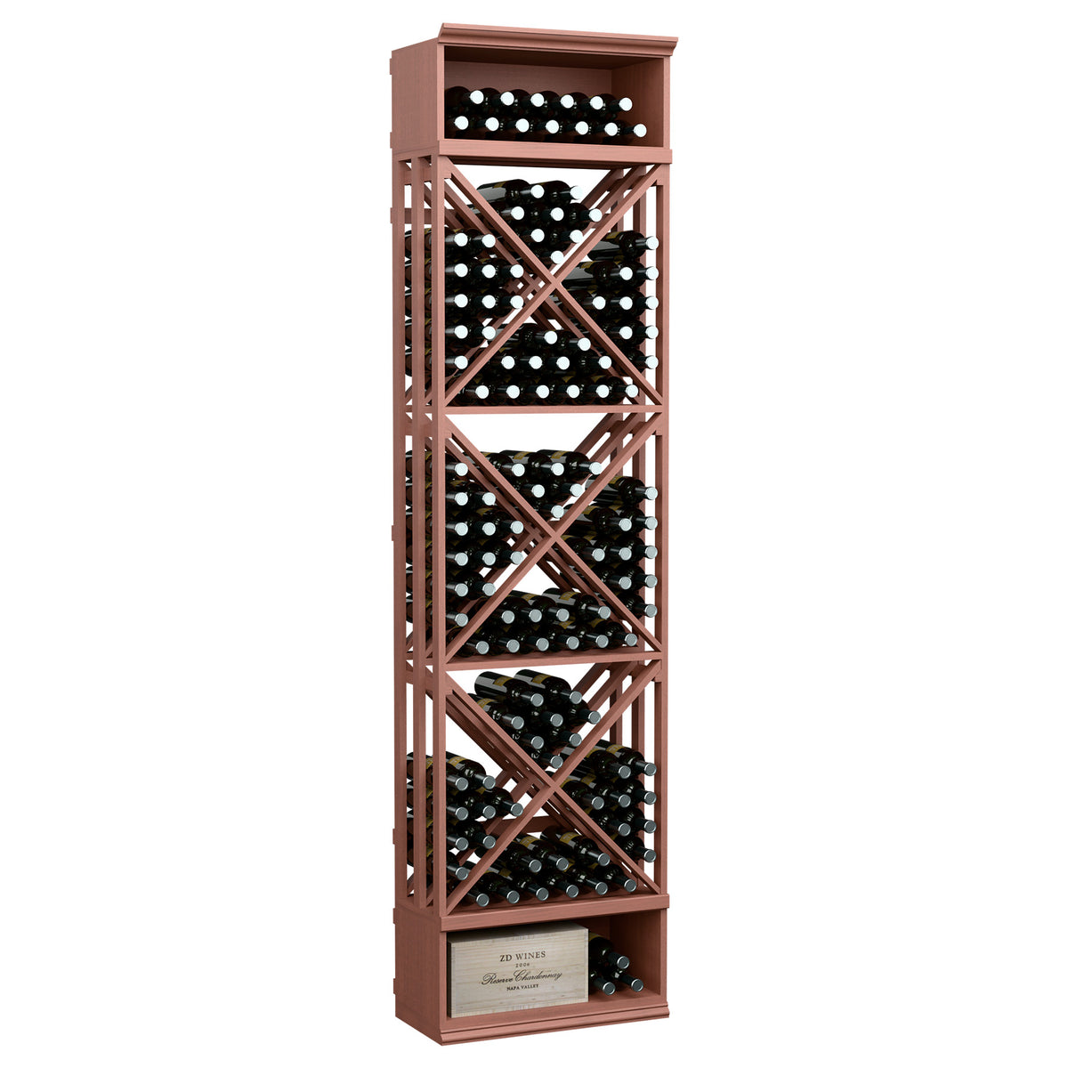 Red-brown wine bottle storage rack with X-lattice cubbies, top row, and bottom cabinet