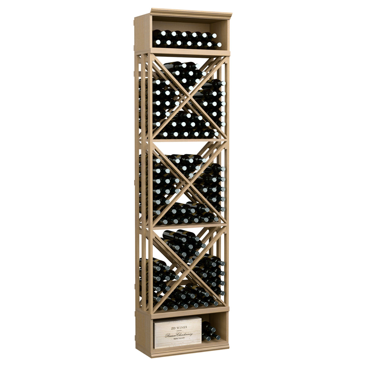 Light natural wood wine bottle storage rack with X-lattice cubbies, top row, and bottom cabinet