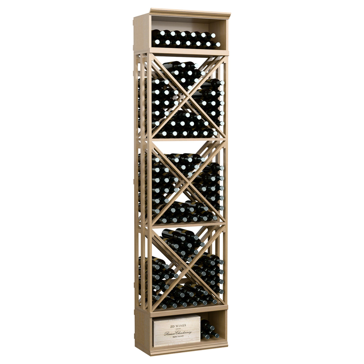 Pale tan wine bottle storage rack with X-lattice cubbies, top row, and bottom cabinet