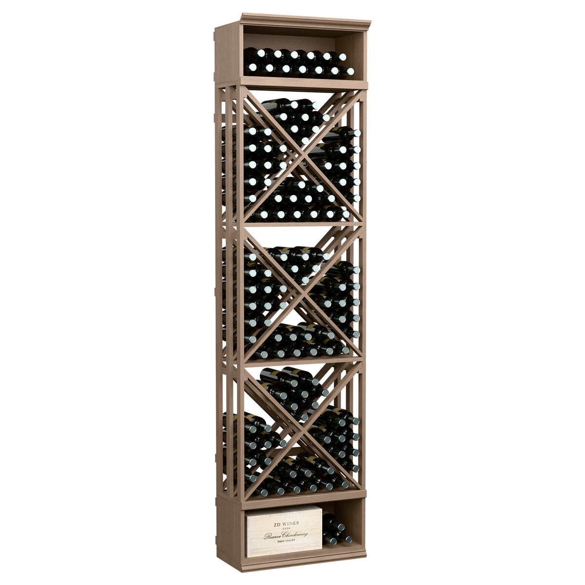Warm light wood wine bottle storage rack with X-lattice cubbies, top row, and bottom cabinet