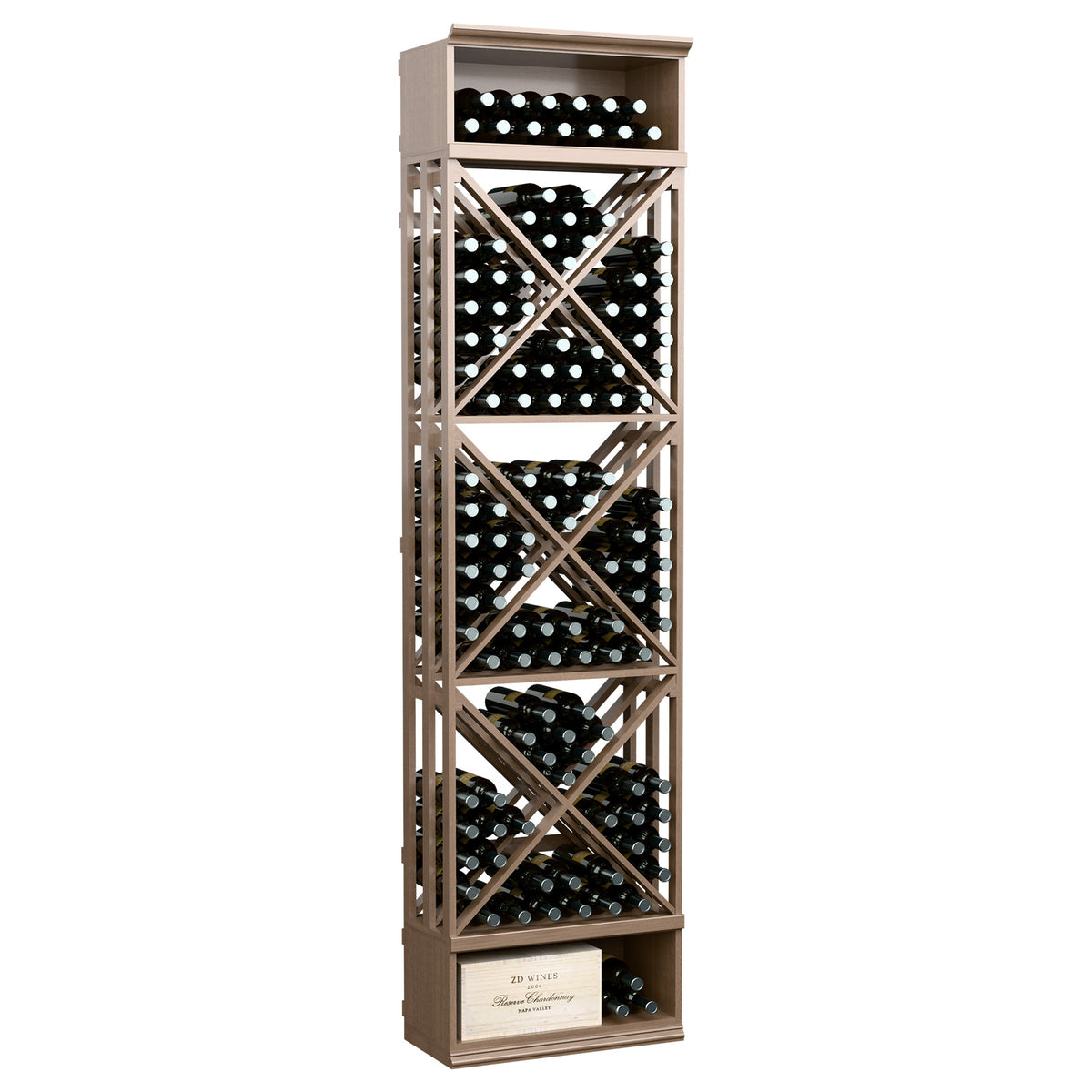 Honey-toned wood wine bottle storage rack with X-lattice cubbies, top row, and bottom cabinet