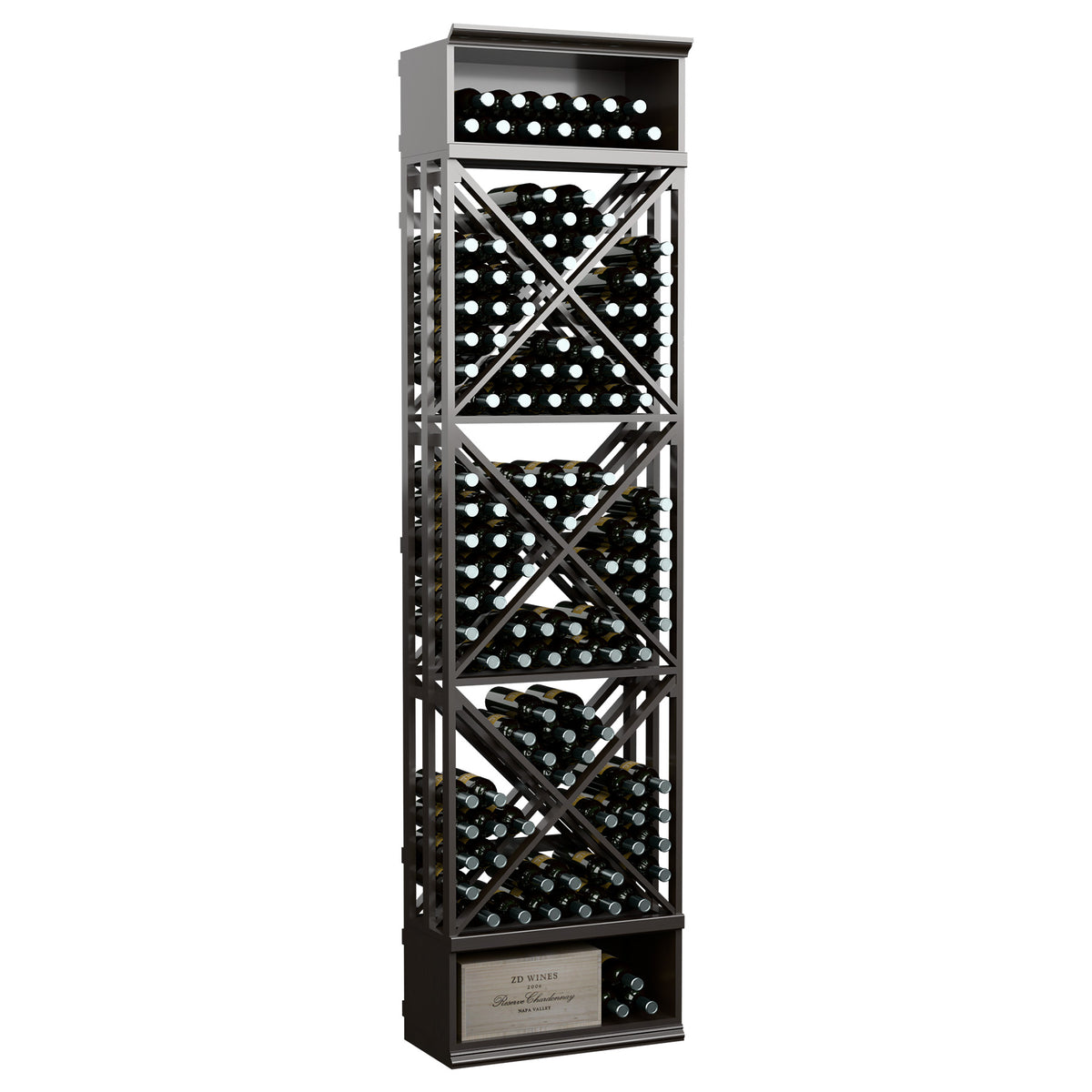 Dark grey wine bottle storage rack with X-lattice cubbies, top row, and bottom cabinet