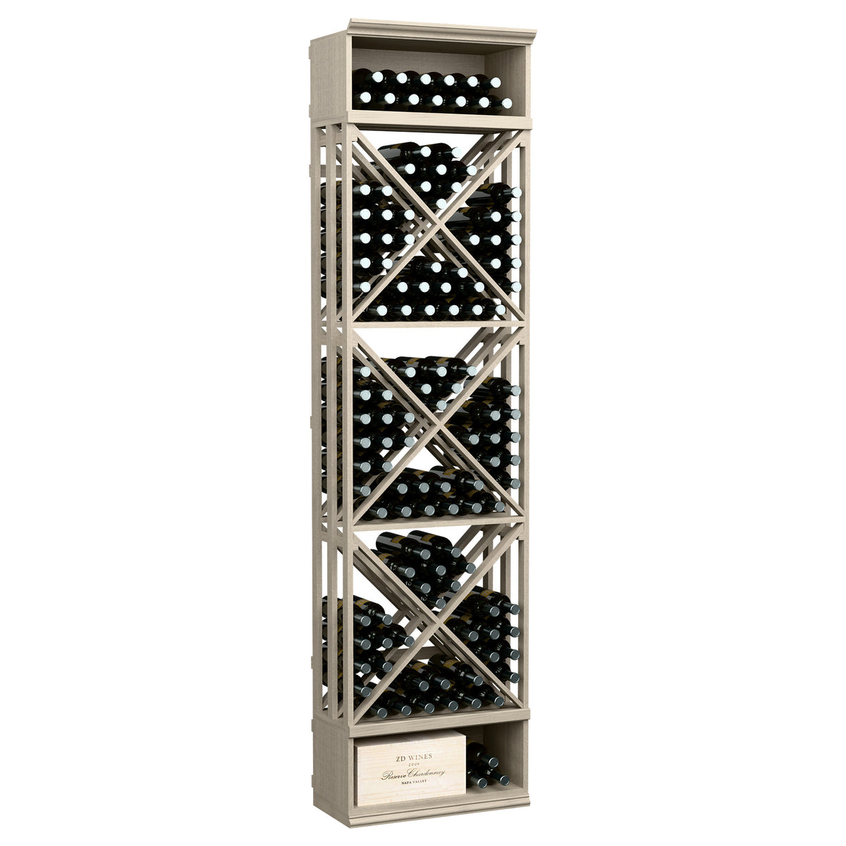 White wine bottle storage rack with lattice X pattern and open bottle shelves