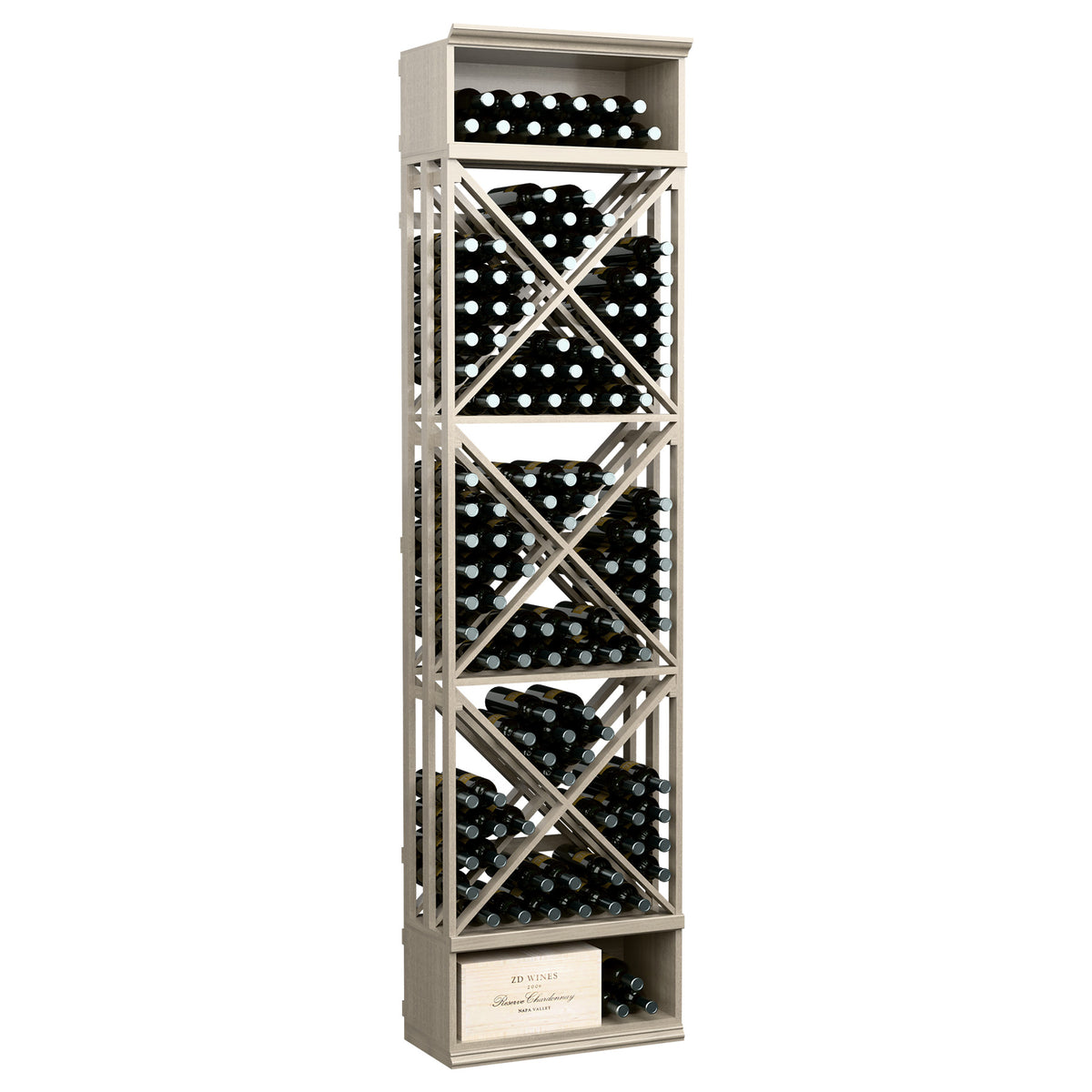 White wine bottle storage rack with crisscross lattice dividers and open cube shelves