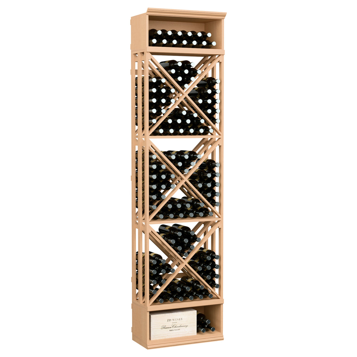 Light wood wine bottle storage rack with lattice X pattern and open bottle shelves