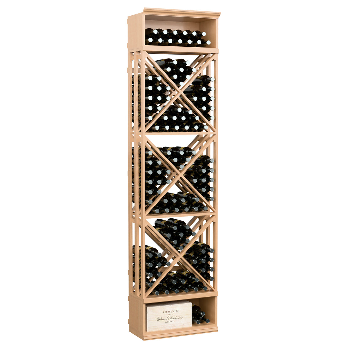 Light wood wine bottle storage rack with crisscross lattice dividers and open bottle shelves