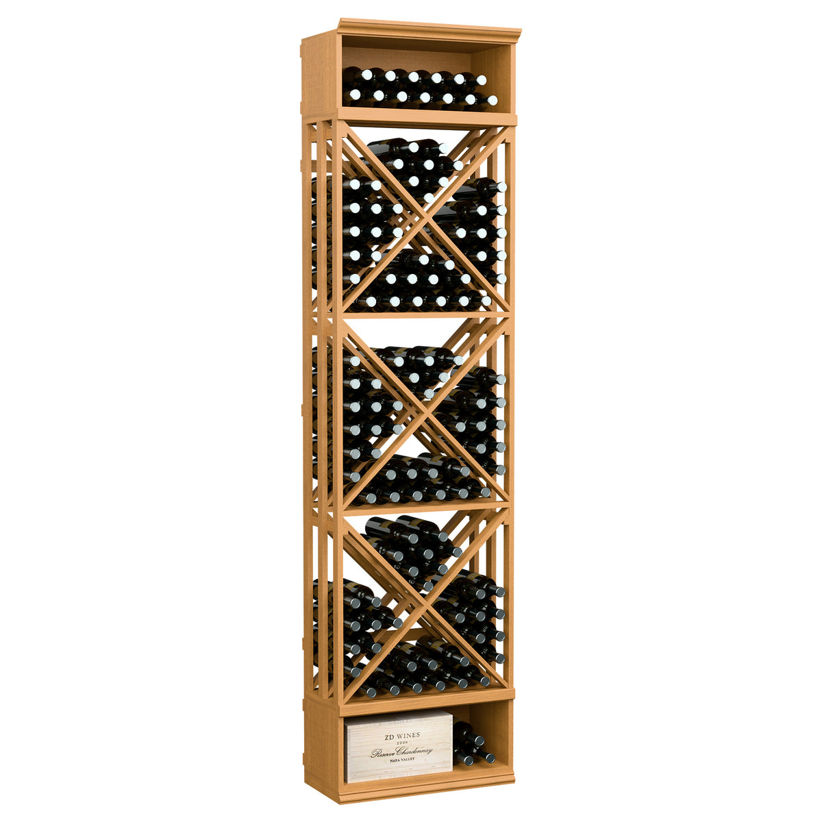 Natural wood wine bottle storage rack with lattice X pattern and open bottle shelves