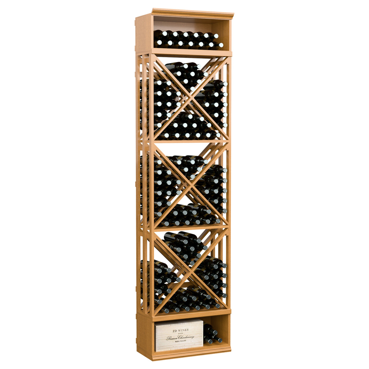 Natural wood wine bottle storage rack with crisscross lattice dividers and open bottle shelves