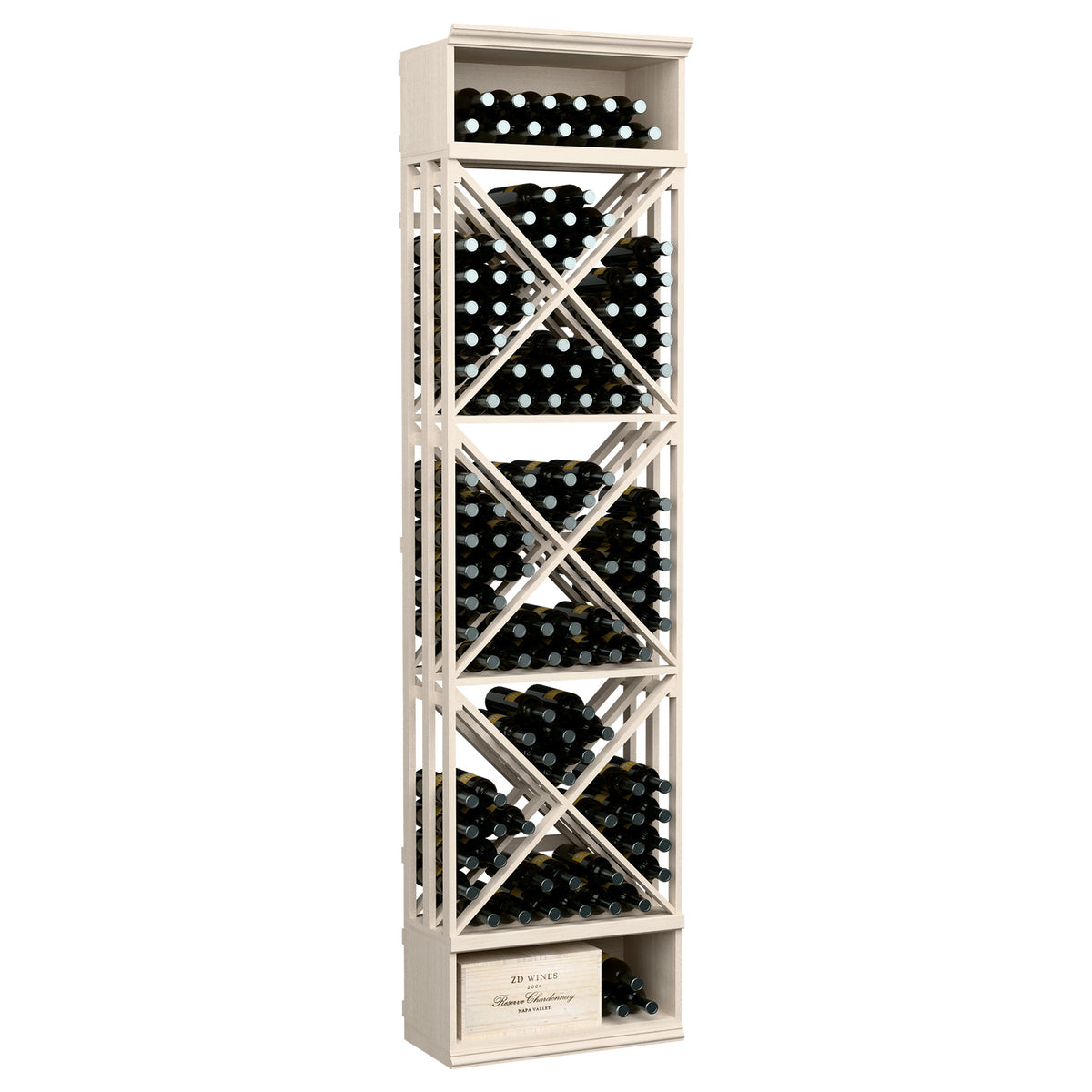 Light gray wine bottle storage rack with lattice X pattern and open bottle shelves
