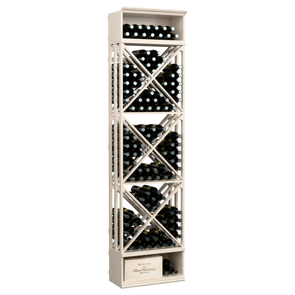 Light gray wine bottle storage rack with crisscross lattice dividers and open bottle shelves