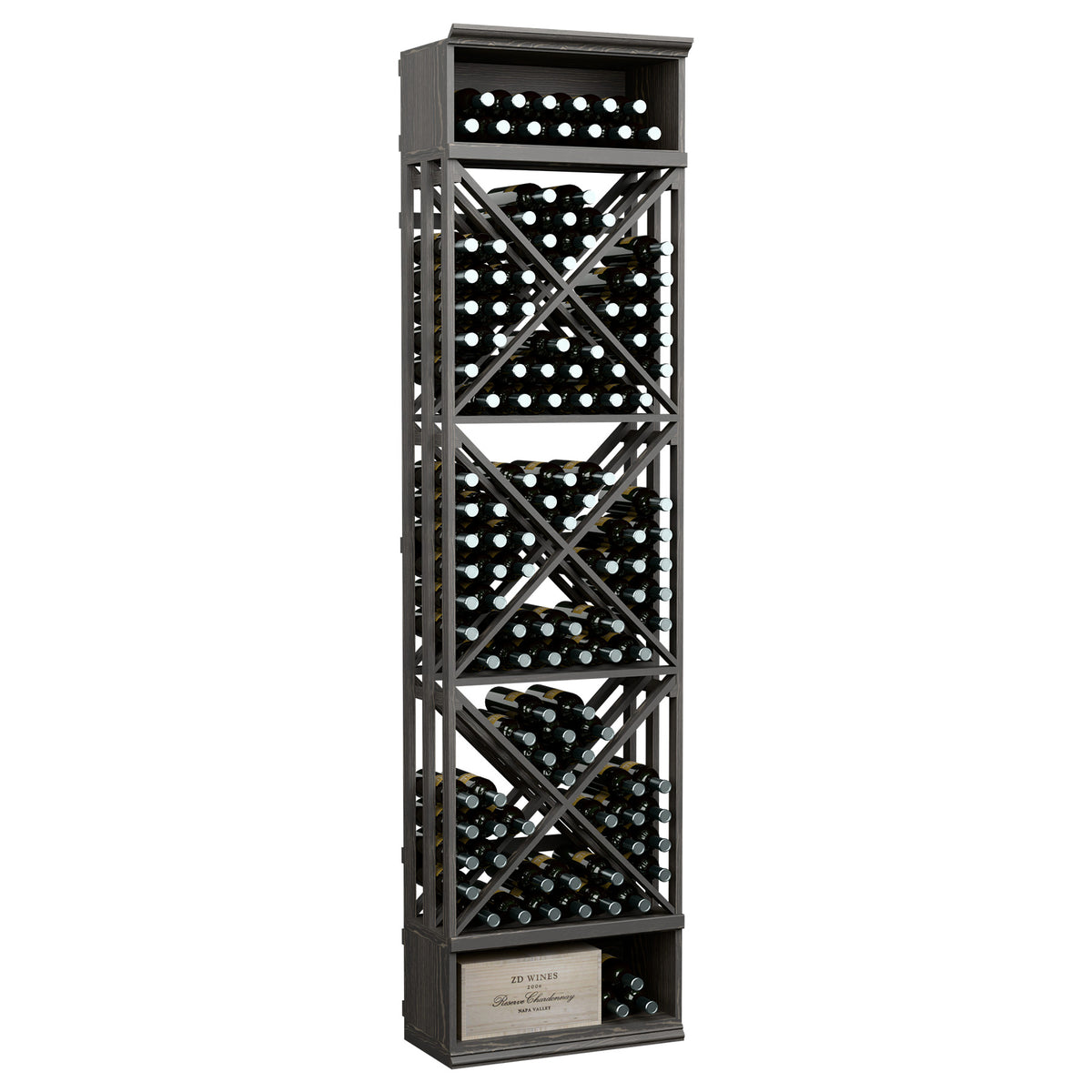 Dark wine bottle storage rack with lattice X-braces and circular bottle holders