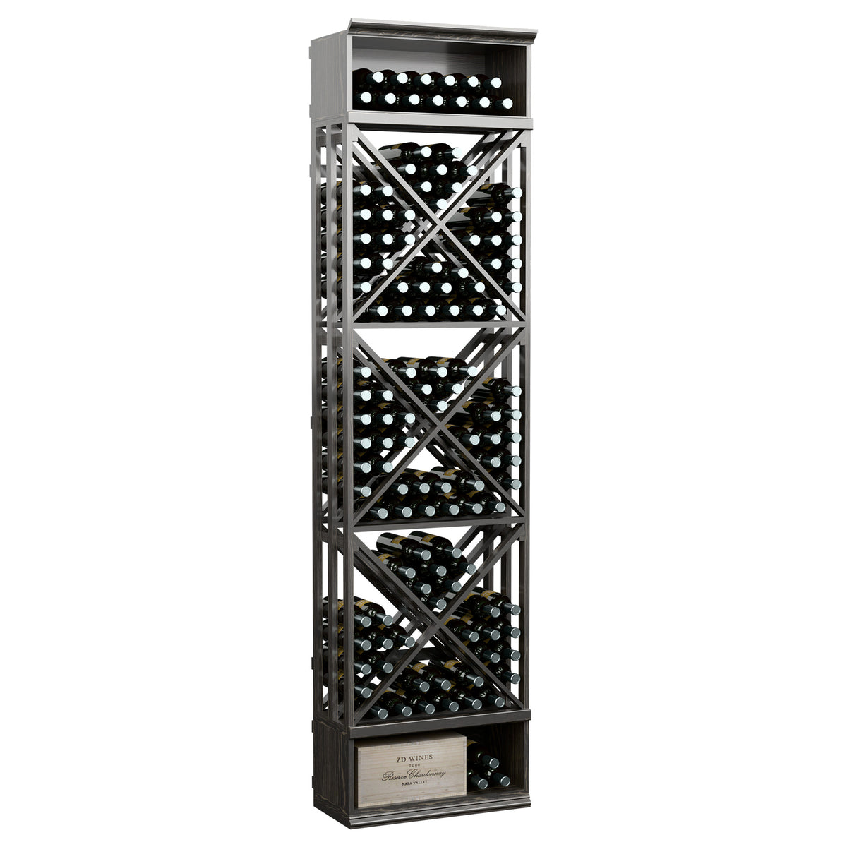 Black wine bottle storage rack with lattice X-braces and circular bottle holders