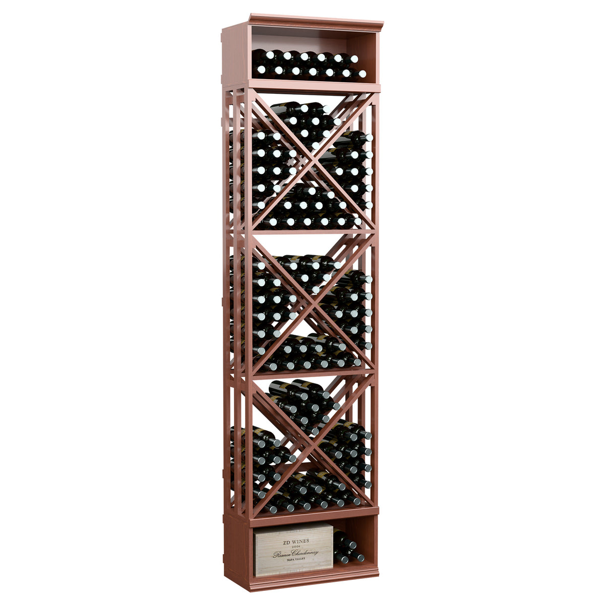 Warm wood wine bottle storage rack with lattice X-braces and circular bottle holders