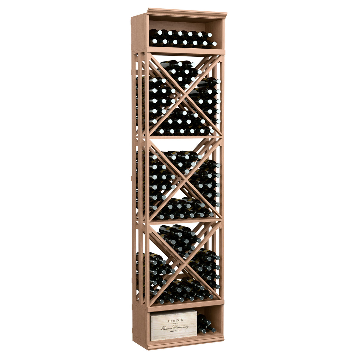 Light wood wine bottle storage rack with lattice X-braces and circular bottle holders
