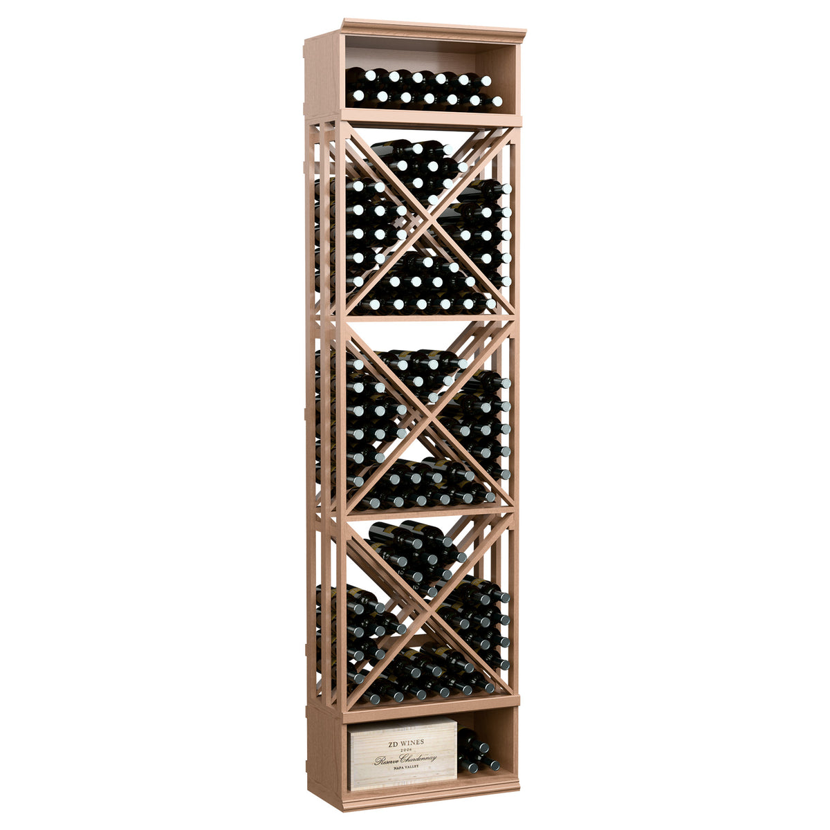 Natural-toned wine bottle storage rack with lattice X-braces and circular bottle holders