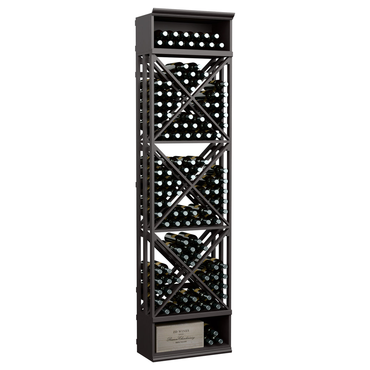 Dark gray wine bottle storage rack with lattice X-braces and circular bottle holders