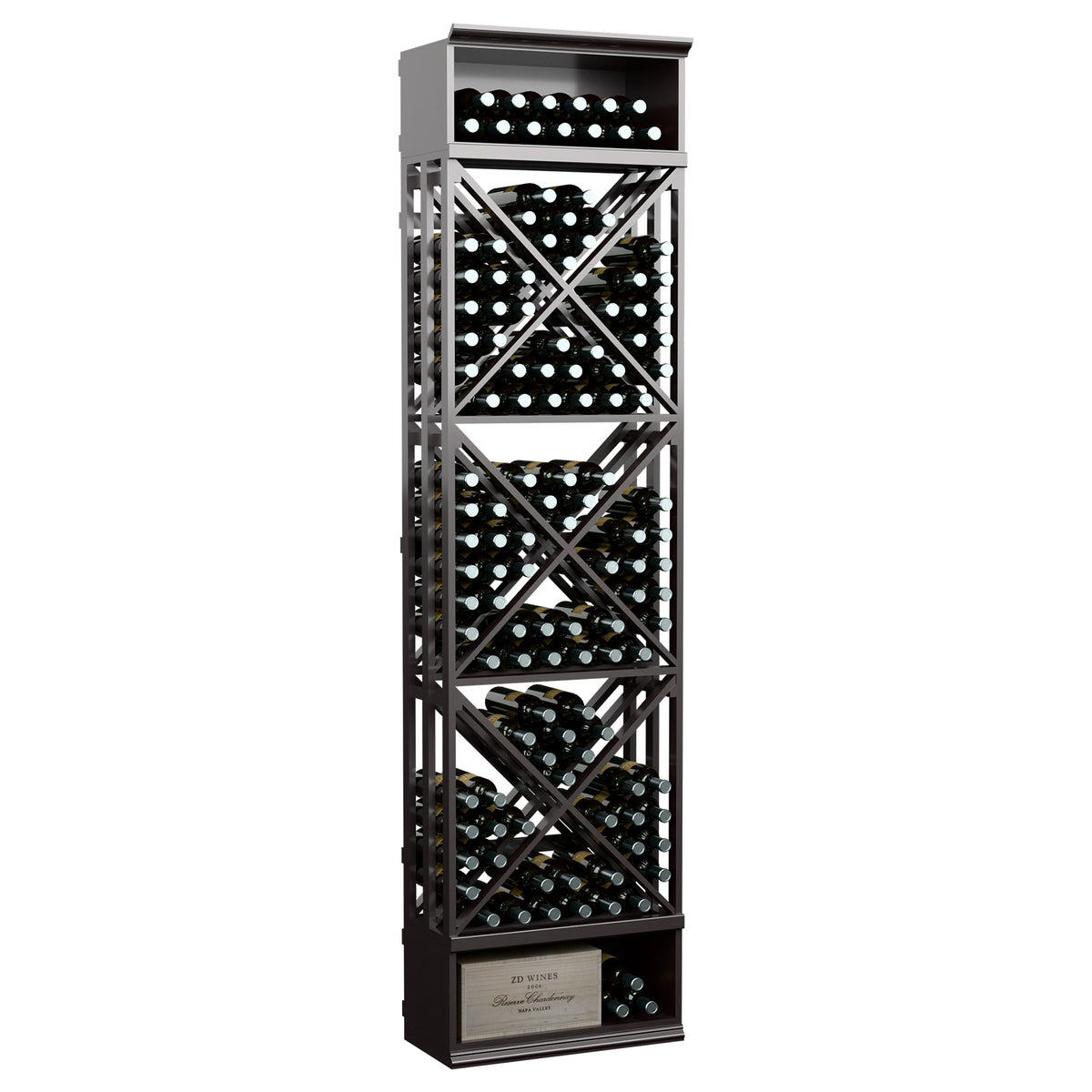 Deep black wine bottle storage rack with lattice X-braces and circular bottle holders