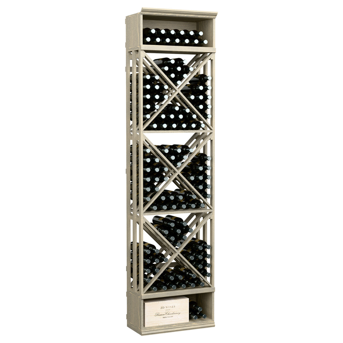 Tall wine bottle storage rack with white lattice frame and X-cross shelves