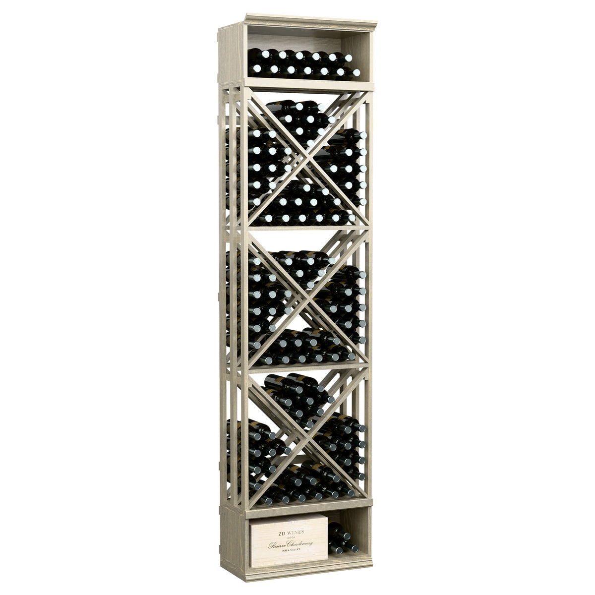 White lattice wine rack with stacked X-braced cubby shelves for bottles
