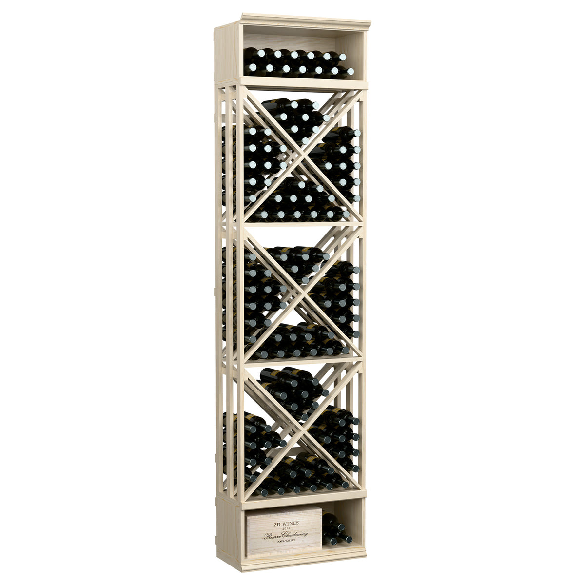 White wooden wine rack with lattice sides, X braces, and bottle cubbies